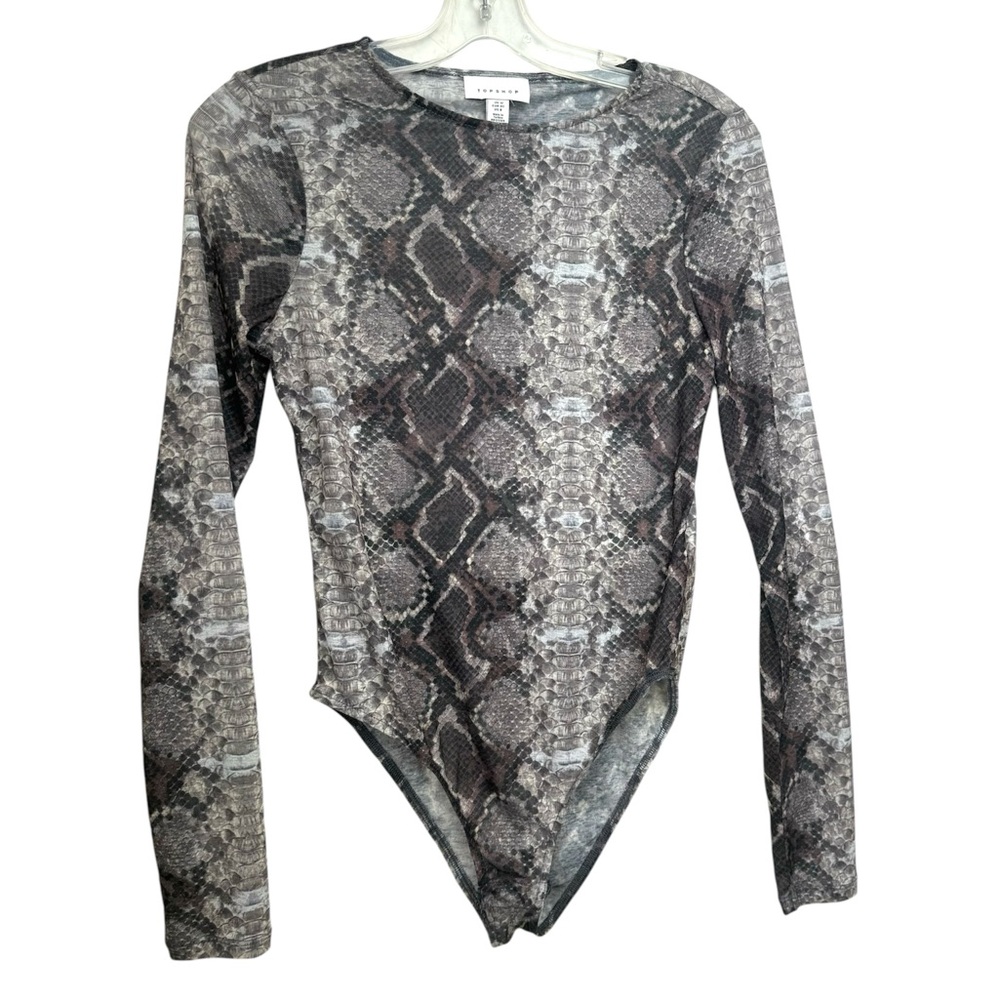 Topshop Animal Sheer Snake Print Bodysuit Long Sleeve Lightweight Stretch Crew 8